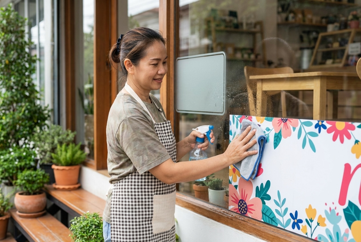วิธีดูแลป้ายไวนิลและสติ๊กเกอร์หน้าร้านให้สีสดทนทาน - vinyl-signage-sticker-maintenance-tips