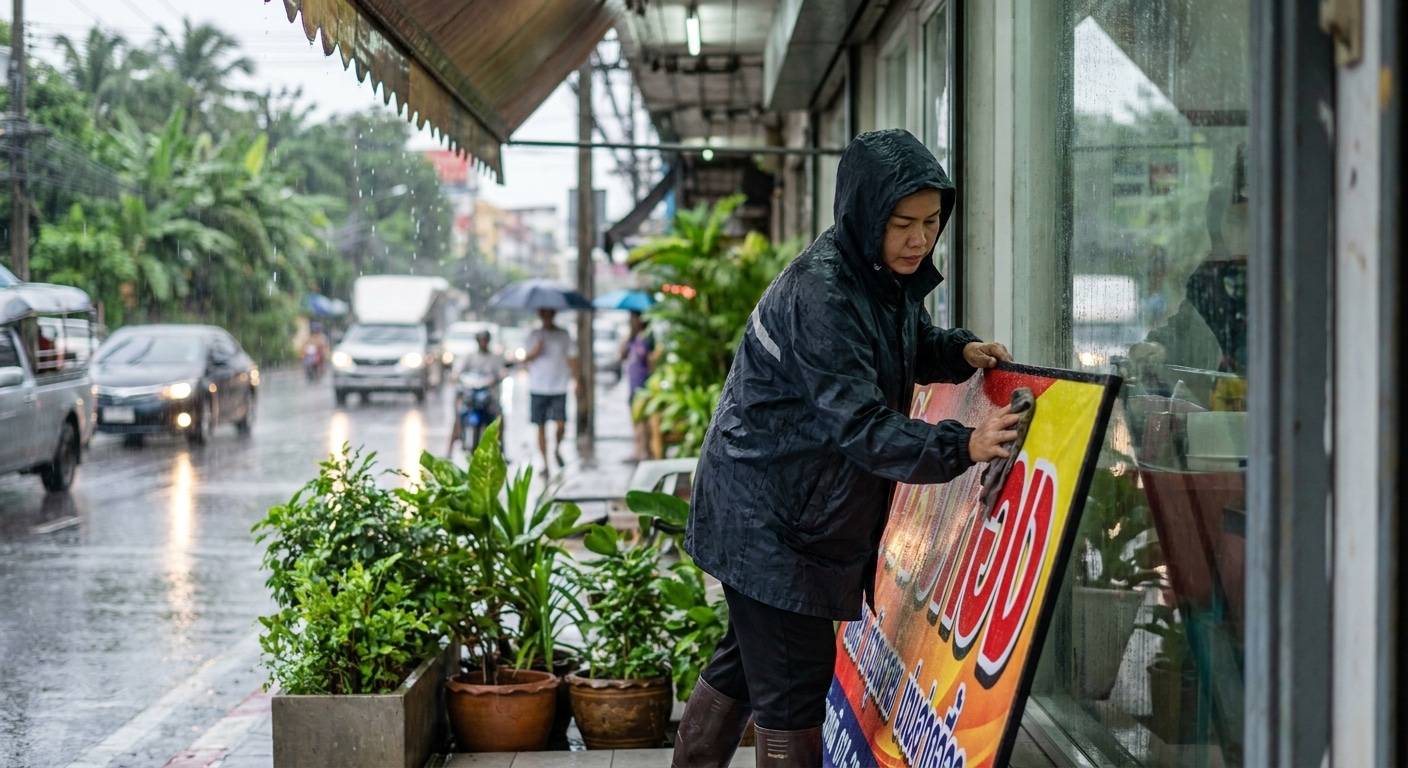 ทริคดูแลป้ายไวนิลและสติ๊กเกอร์หน้าร้านให้สีสดรับหน้าฝน - vinyl-sticker-maintenance-rainy-season