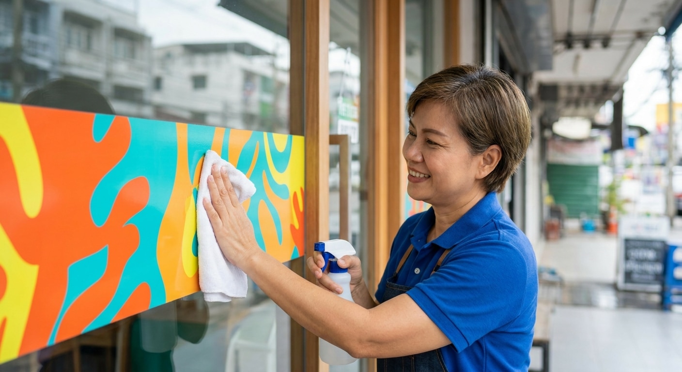 วิธีดูแลป้ายไวนิลและสติ๊กเกอร์หน้าร้านให้สีสดทนแดดทนฝน - vinyl-sticker-maintenance-tips
