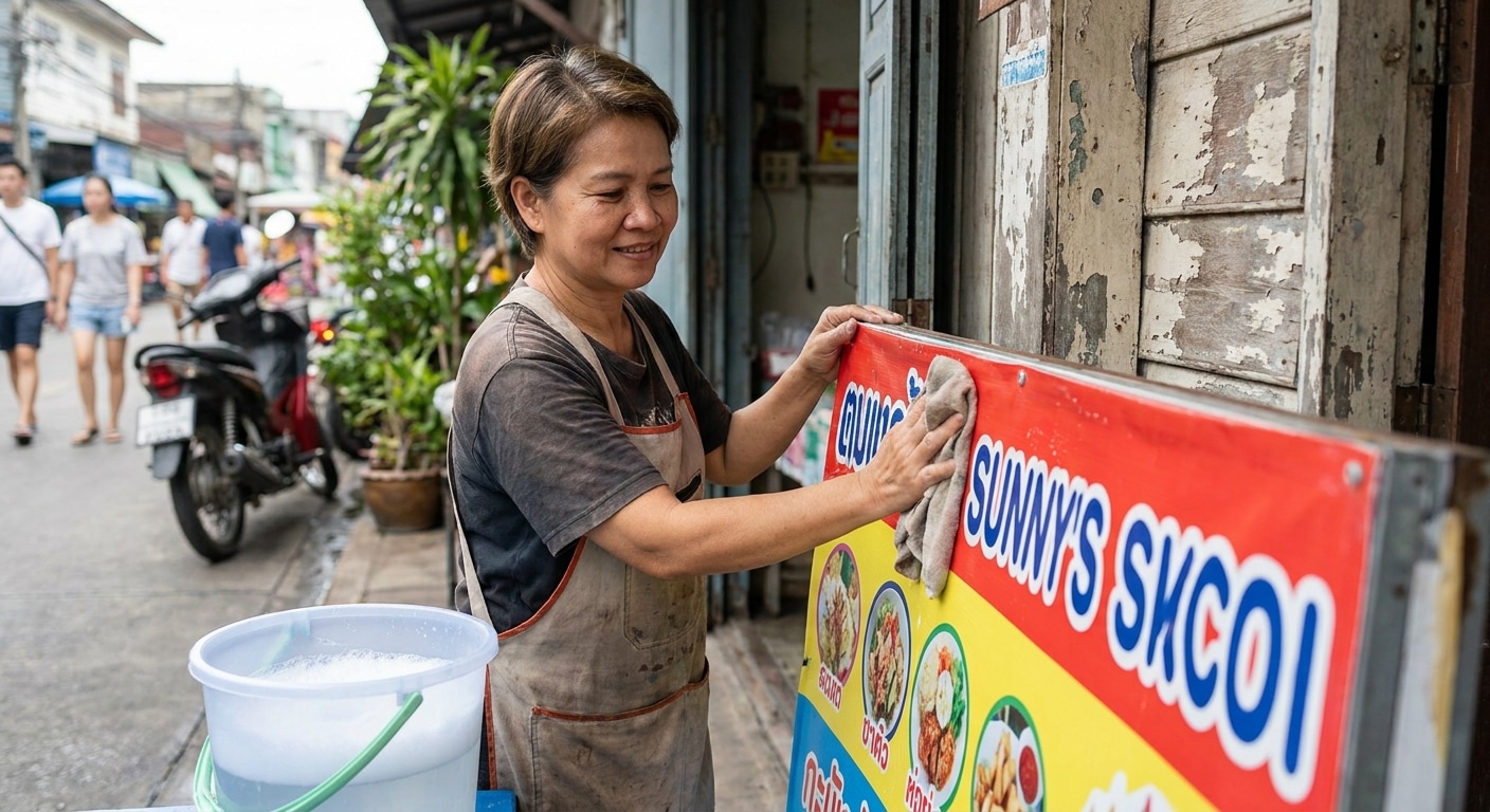 วิธีดูแลป้ายไวนิลและสติ๊กเกอร์หน้าร้านให้สีสด ทนแดดทนฝน - vinyl-sticker-signage-maintenance