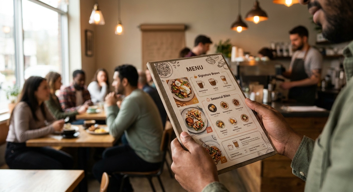 จิตวิทยาออกแบบเมนูอาหารและป้ายร้าน เพิ่มยอดขายให้คาเฟ่ - cafe-menu-signage-design-tips