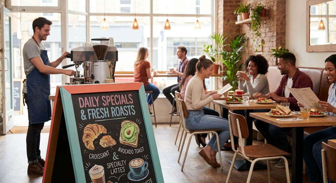 ทริคออกแบบเมนูอาหาร-ป้ายสแตนดี้ กระตุ้นยอดขายร้านคาเฟ่ - cafe-menu-standee-marketing
