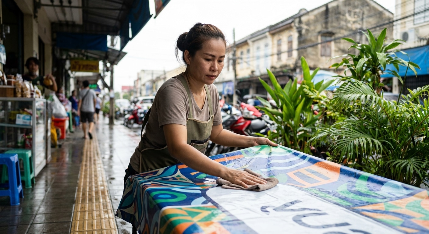 วิธีดูแลป้ายไวนิลหน้าร้านรับหน้าฝนปี 2026 ให้สีสดทนนาน - maintain-outdoor-vinyl-sign-rainy-season