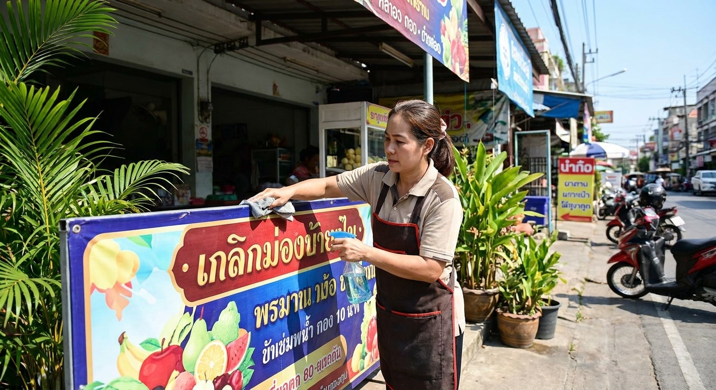 วิธีดูแลป้ายไวนิลและสติ๊กเกอร์หน้าร้าน ให้สีสดทนแดดทนฝน - outdoor-sign-sticker-maintenance