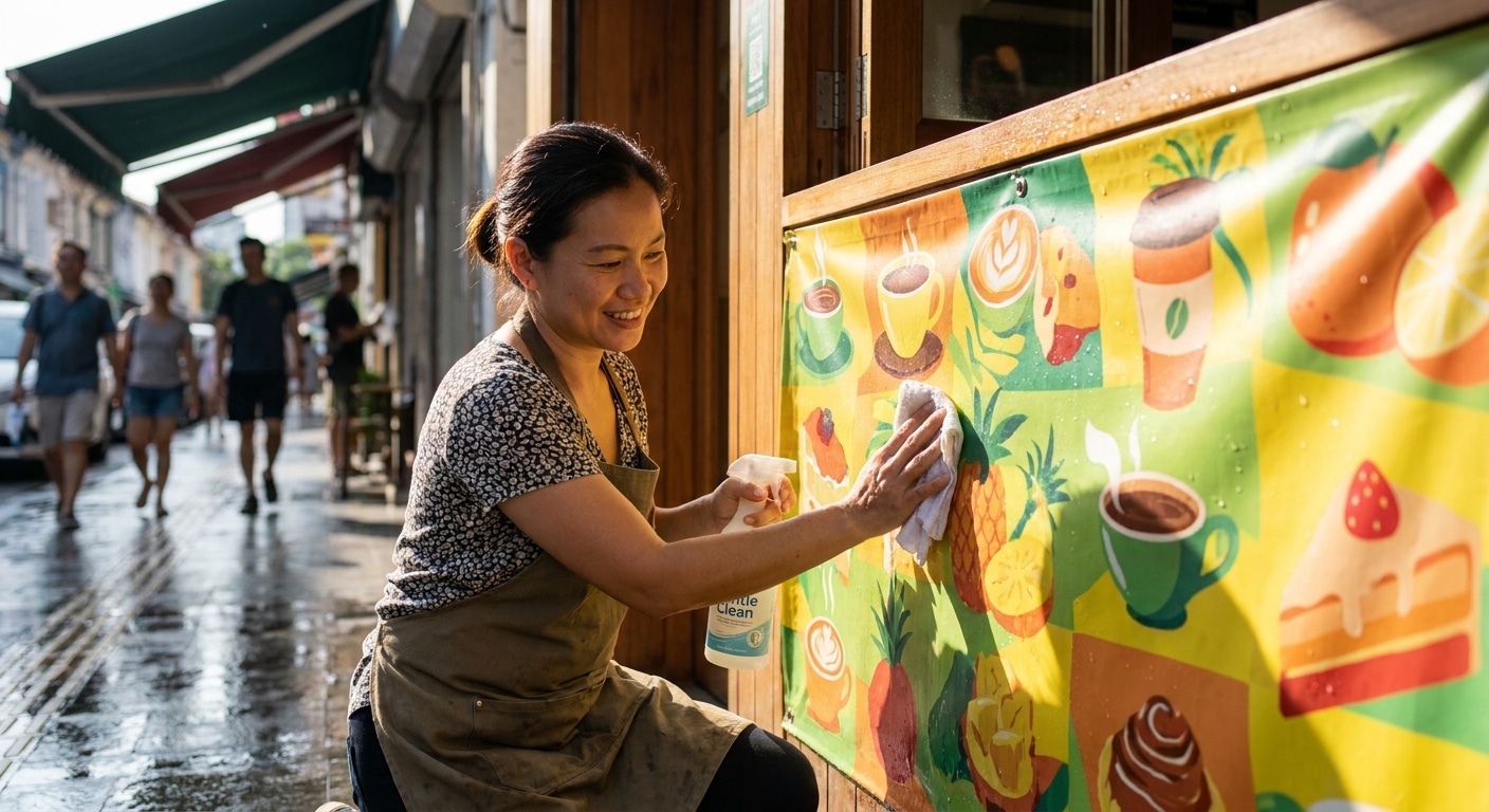 วิธีดูแลป้ายไวนิลและสติ๊กเกอร์หน้าร้าน ให้สีสดทนแดดฝน - outdoor-sign-sticker-maintenance