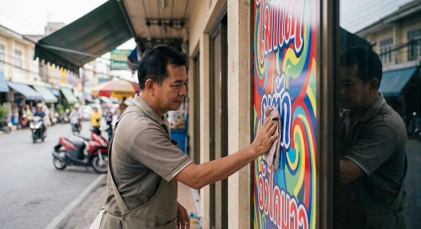 วิธีดูแลป้ายไวนิลและสติ๊กเกอร์หน้าร้านให้สีสด ทนแดด - outdoor-signage-maintenance-tips
