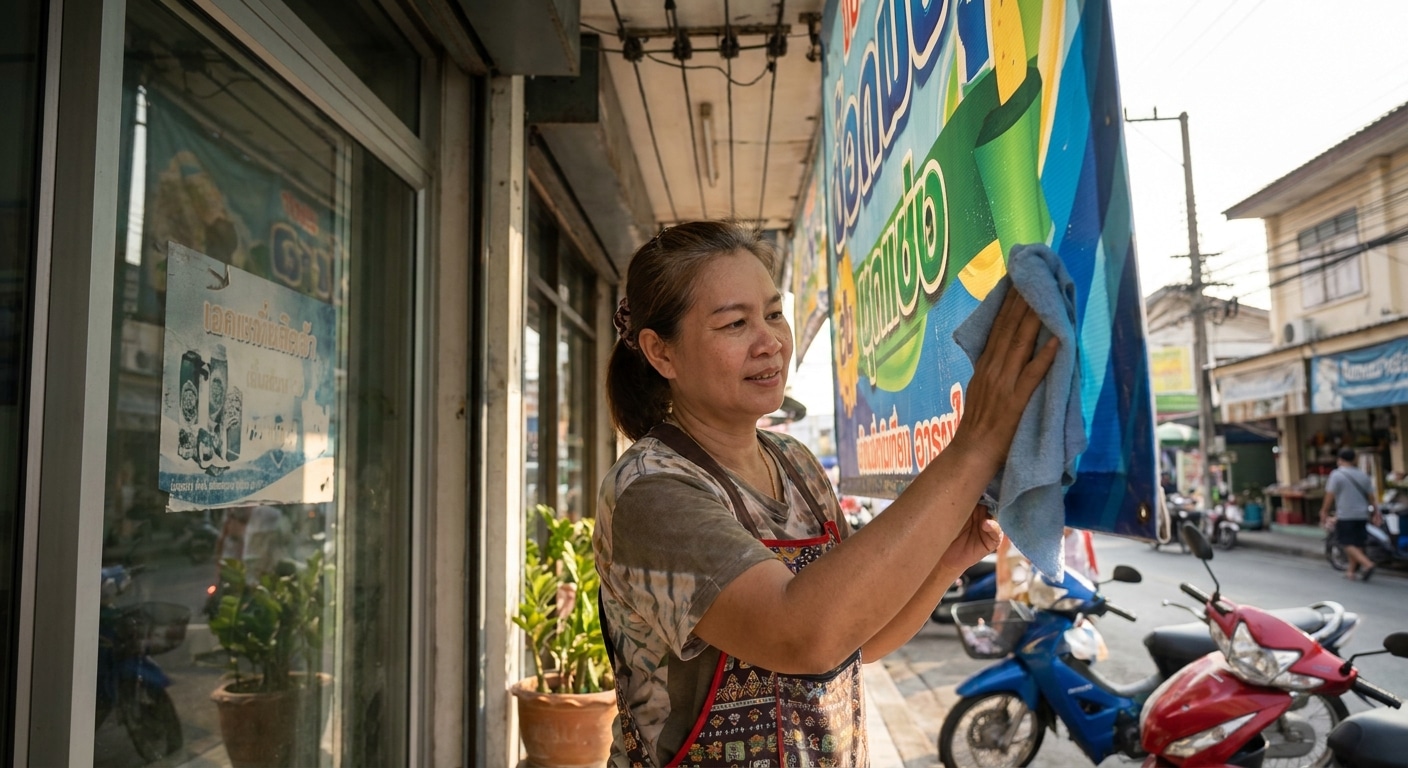 วิธีดูแลป้ายไวนิลและสติ๊กเกอร์หน้าร้านให้สีสด ทนแดดทนฝน - outdoor-signage-sticker-maintenance