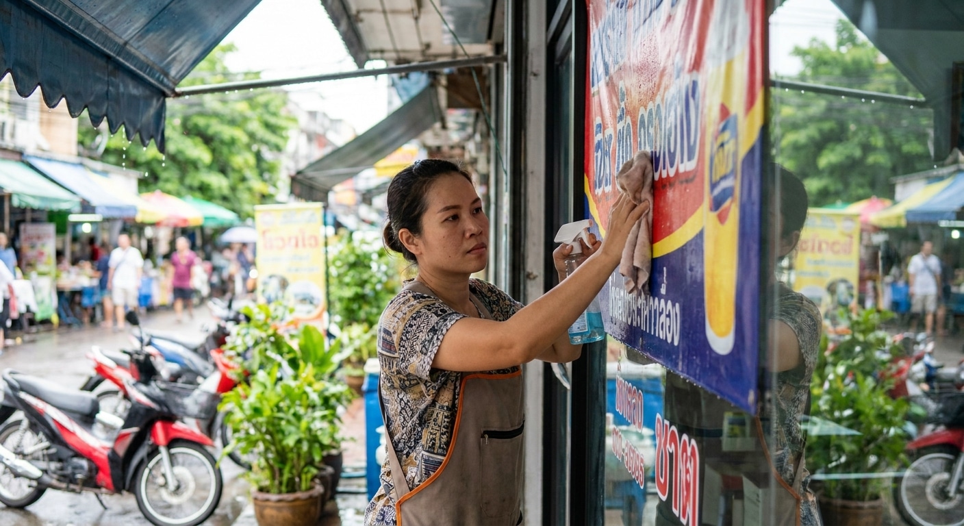 วิธีดูแลป้ายโฆษณาและสติ๊กเกอร์หน้าร้านให้อยู่ทน สีไม่ซีด - outdoor-signage-sticker-maintenance