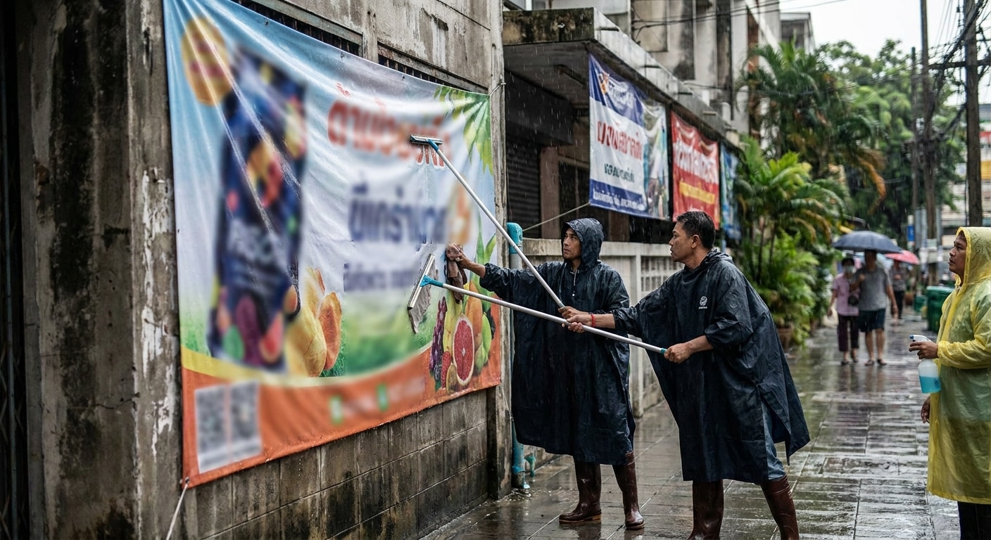 5 วิธีดูแลป้ายไวนิลและป้ายโฆษณาหน้าฝน สีสด ไม่ซีดจาง - outdoor-vinyl-banner-maintenance-rainy-season