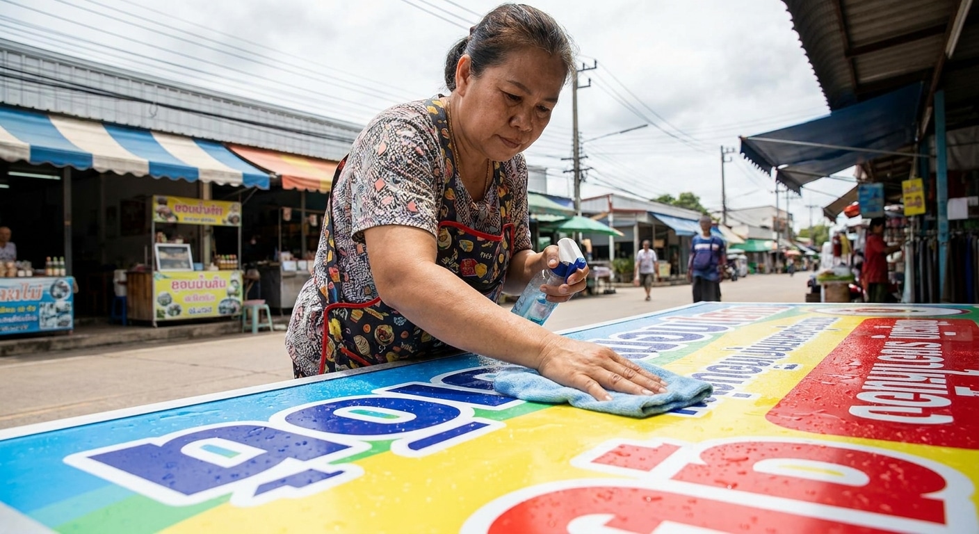 วิธีดูแลป้ายไวนิลหน้าร้านให้สีสด ทนแดดฝน ยืดอายุใช้งาน - outdoor-vinyl-banner-maintenance