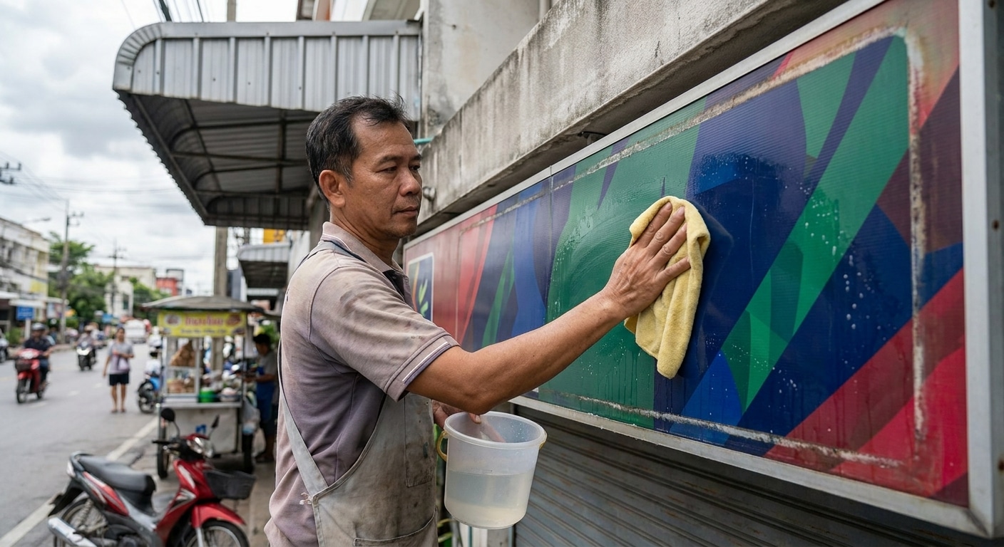 วิธีดูแลป้ายไวนิลหน้าร้านให้สีสด ทนแดดทนฝนใช้งานได้นาน - outdoor-vinyl-sign-maintenance