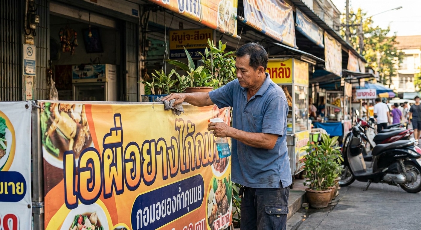 วิธีดูแลป้ายไวนิลหน้าร้านให้สีสดสู้แดดฝน ยืดอายุใช้งาน - outdoor-vinyl-sign-maintenance