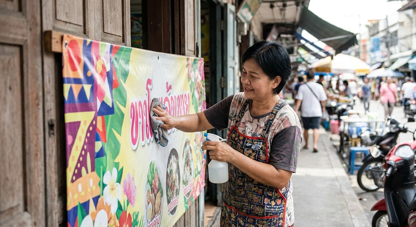 วิธีดูแลป้ายไวนิลและป้ายโฆษณาหน้าร้าน ให้สีสดทนแดดทนฝน - outdoor-vinyl-sign-maintenance-tips