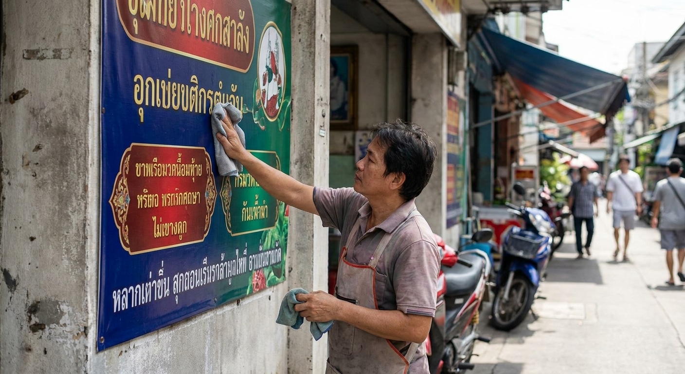 วิธีดูแลป้ายไวนิลและสติ๊กเกอร์ให้อยู่ทน สู้แดดฝนปี 2026 - outdoor-vinyl-sticker-maintenance