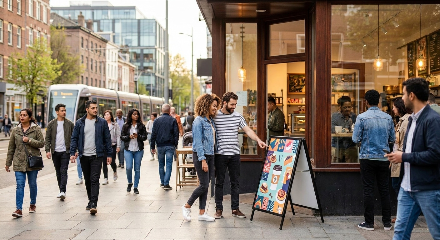 4 เทคนิคตั้งป้ายสแตนดี้หน้าร้าน ดึงคนเดินผ่านให้เป็นลูกค้า - standee-placement-marketing-tips