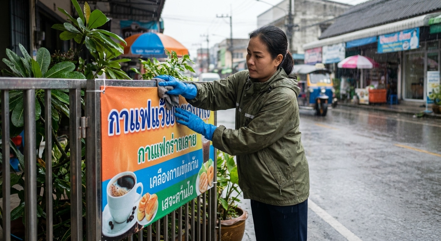 เทคนิคดูแลป้ายไวนิลหน้าฝน สีไม่ซีด ยืดอายุใช้งาน - vinyl-sign-rainy-care
