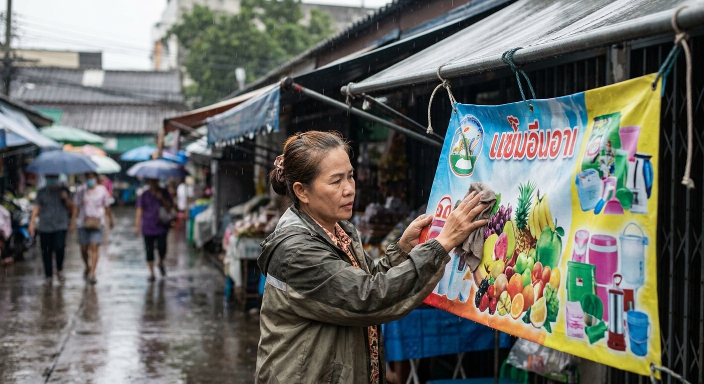 วิธีดูแลป้ายไวนิลหน้าร้านหน้าฝน ให้สีสดทนทาน ไม่ขาดง่าย - vinyl-signage-rainy-care-tips