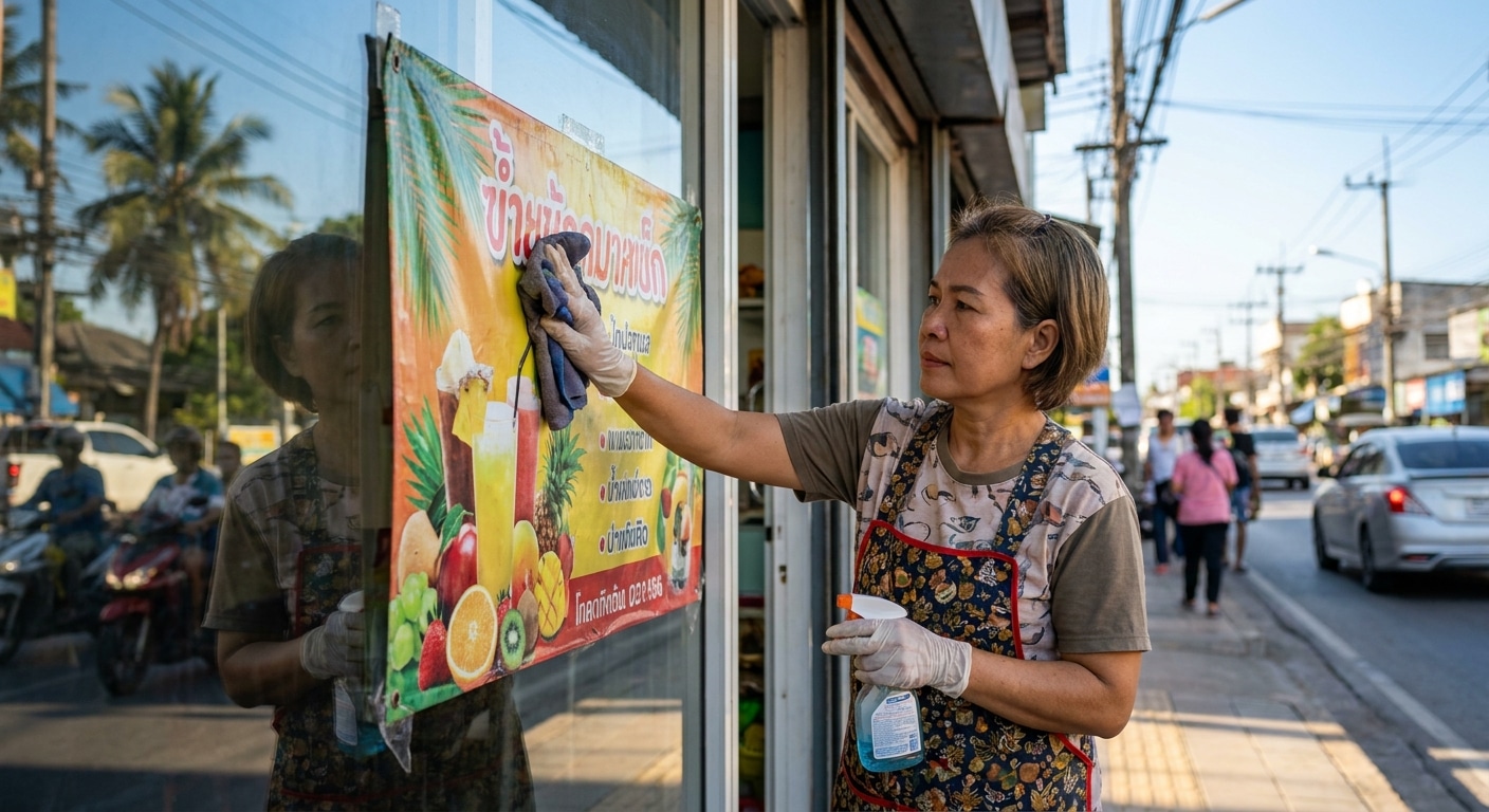 วิธีดูแลป้ายไวนิลและสติ๊กเกอร์หน้าร้านให้สีสดทนแดดทนฝน - vinyl-sticker-signage-maintenance