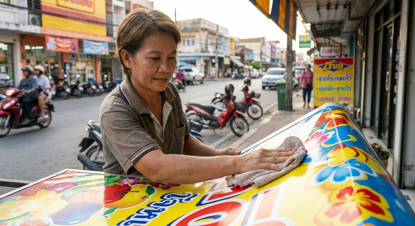 วิธีดูแลป้ายไวนิลหน้าร้านให้สีสดทนทาน ไม่ซีดจาง เซฟต้นทุน - clean-storefront-vinyl-banner-tips