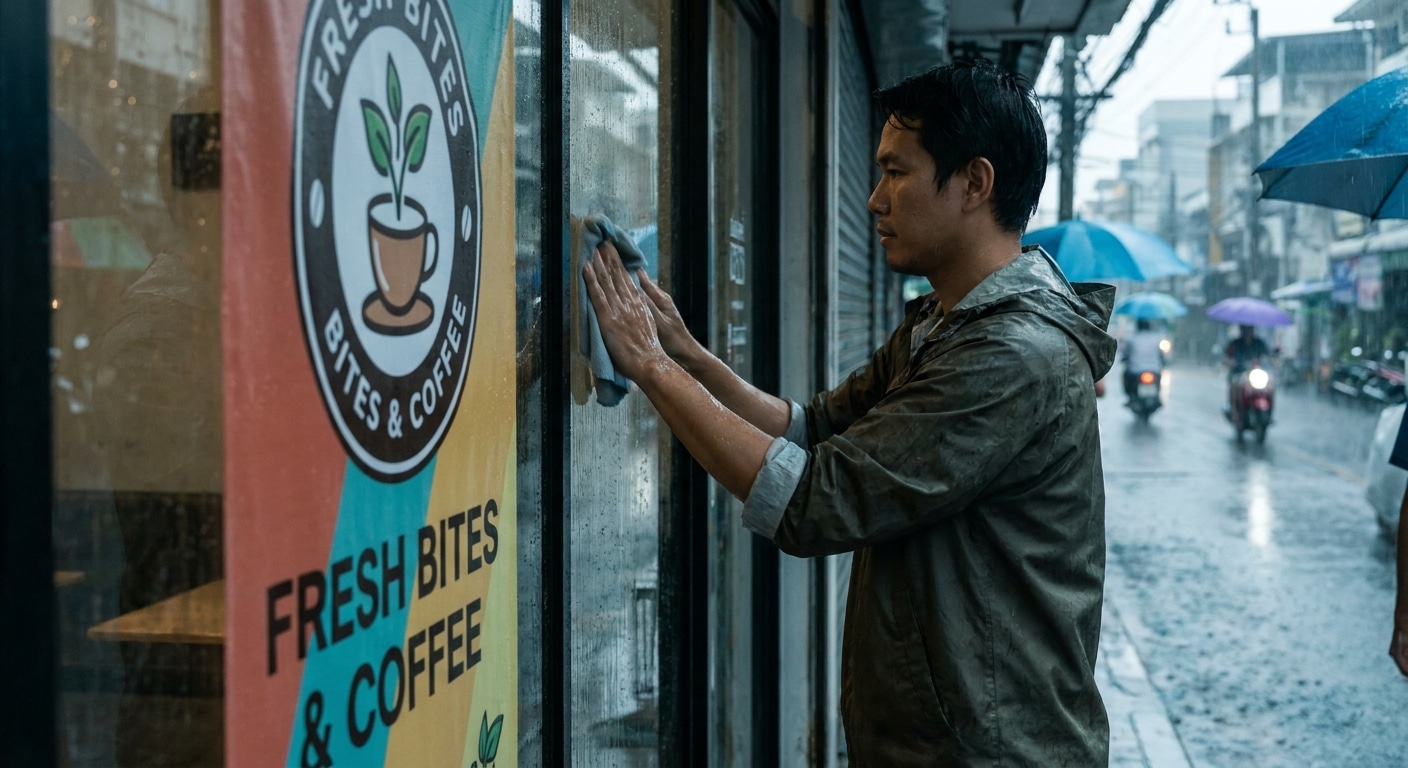 ทริคดูแลป้ายไวนิลและสติ๊กเกอร์หน้าร้านช่วงหน้าฝนให้ทนทาน - outdoor-signage-rainy-care