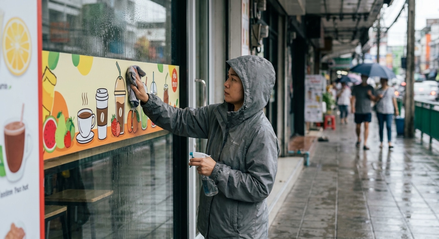 วิธีดูแลป้ายไวนิลและสติ๊กเกอร์หน้าฝน ยืดอายุใช้งาน - outdoor-vinyl-sticker-maintenance