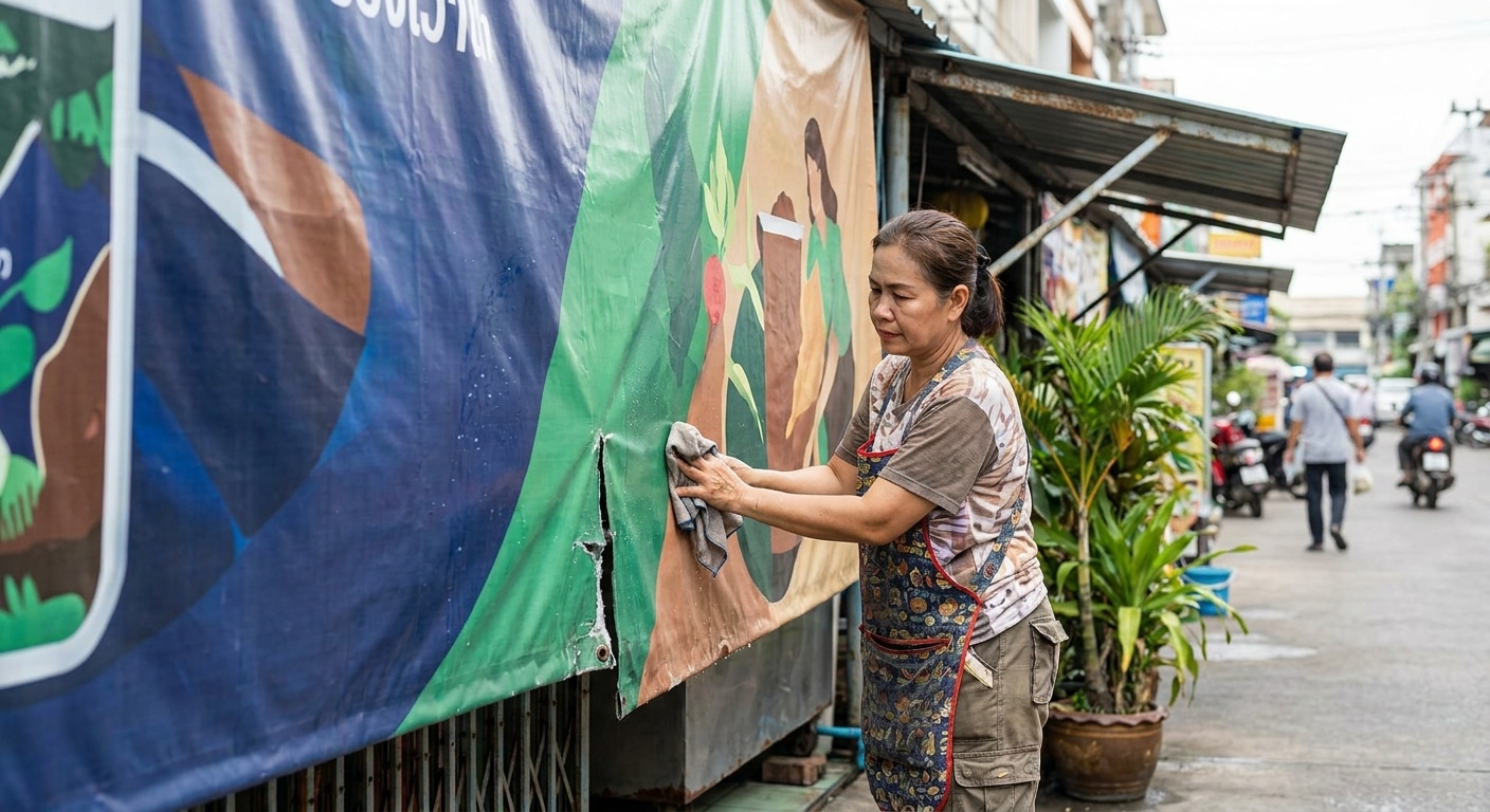 ทริคดูแลป้ายโฆษณาและสติ๊กเกอร์หน้าร้านให้ทนแดดทนฝน - storefront-sign-sticker-maintenance