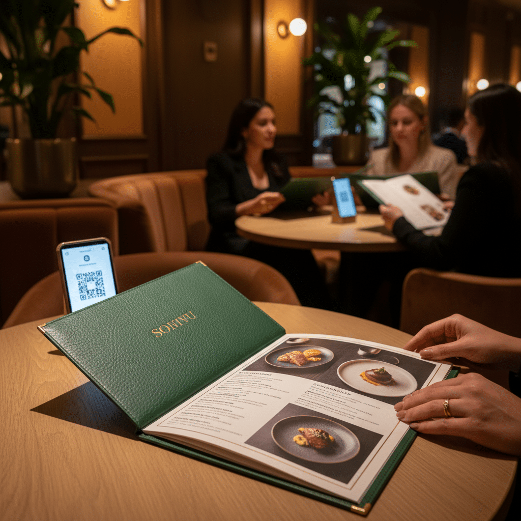 QR Code ยอดตก? เทรนด์ร้านอาหาร 2026 กลับมาใช้ 'เมนูเล่ม' ทำไม? - physical-menu-vs-qrcode-restaurant-branding-trend
