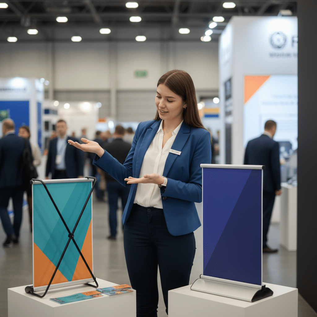 ออกบูธต้องรู้! เทียบมวย 'Roll up vs X-Stand' แบบไหนพกง่าย ไม่ล้ม ดูโปรฯ กว่ากัน? - roll-up-vs-x-stand-display-comparison