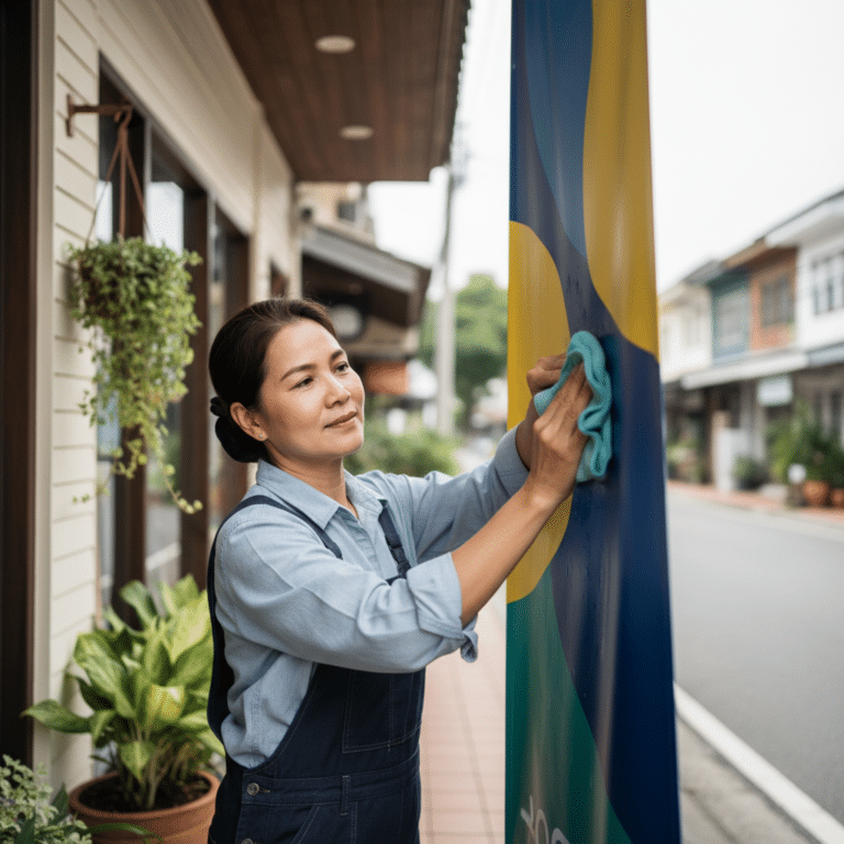 วิธีดูแลป้ายไวนิลหน้าร้านให้สีสด ทนแดดทนฝน ยืดอายุการใช้งาน