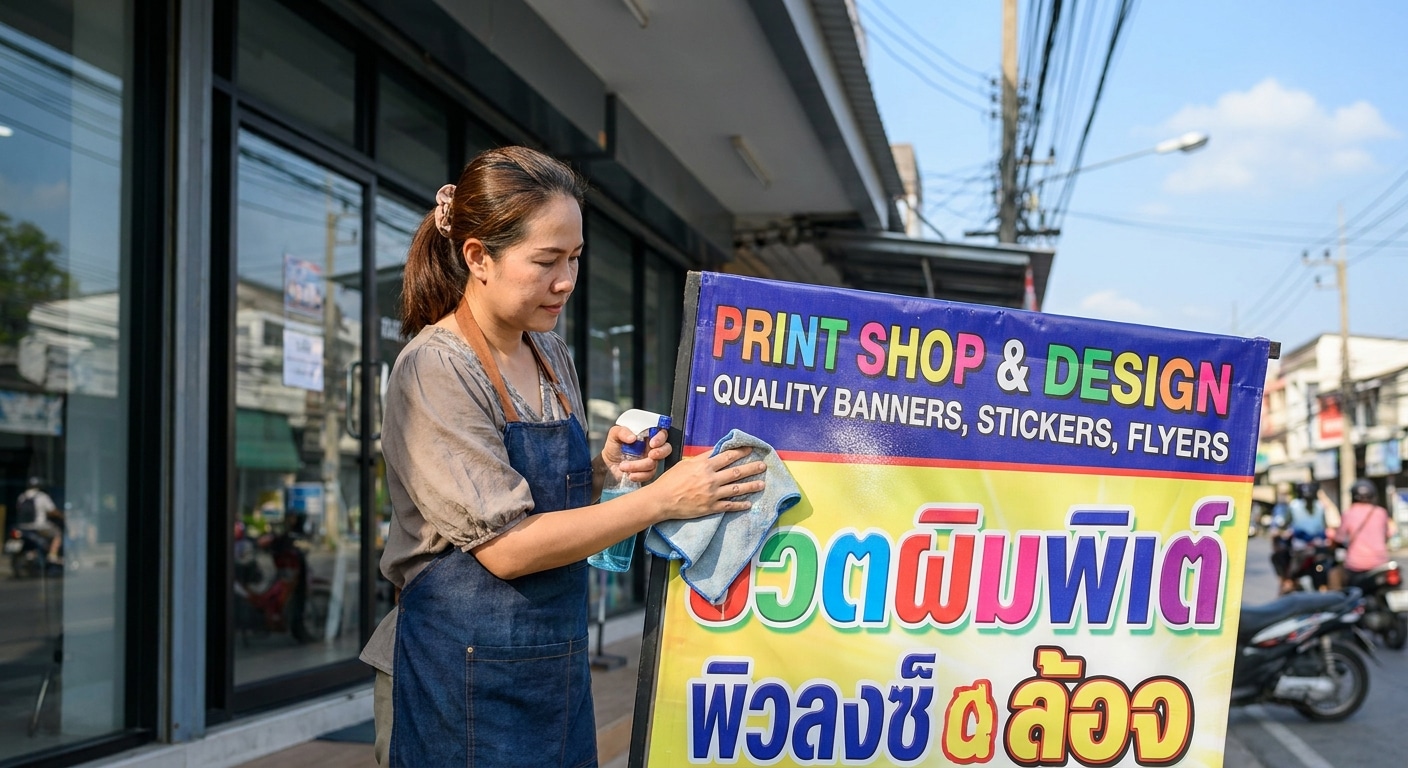 วิธีดูแลป้ายไวนิลหน้าร้านให้สีสด ทนแดดทนฝน ใช้งานได้นาน - care-storefront-vinyl-banner-tips