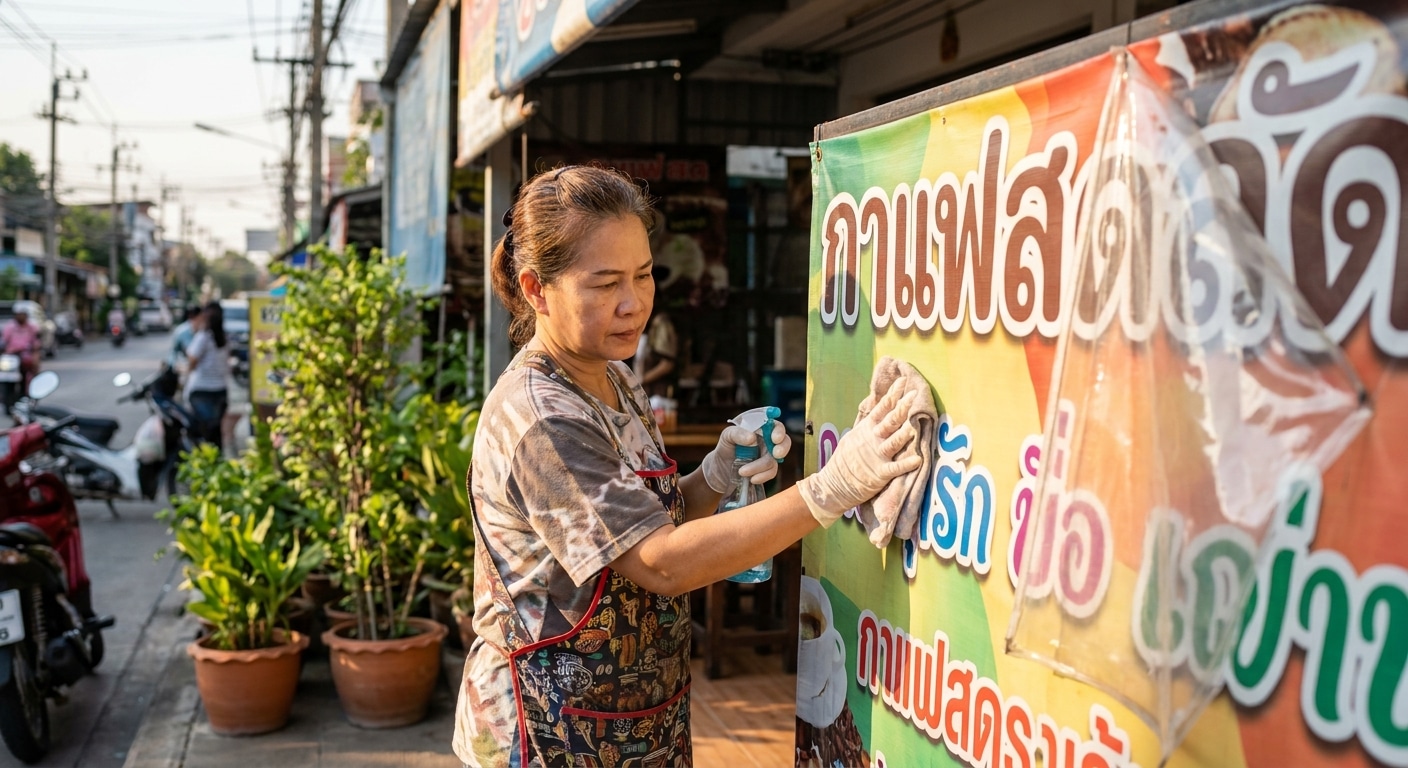 วิธีดูแลป้ายไวนิลและสติ๊กเกอร์หน้าร้านให้สีสด ไม่ซีดไว - outdoor-sign-banner-maintenance