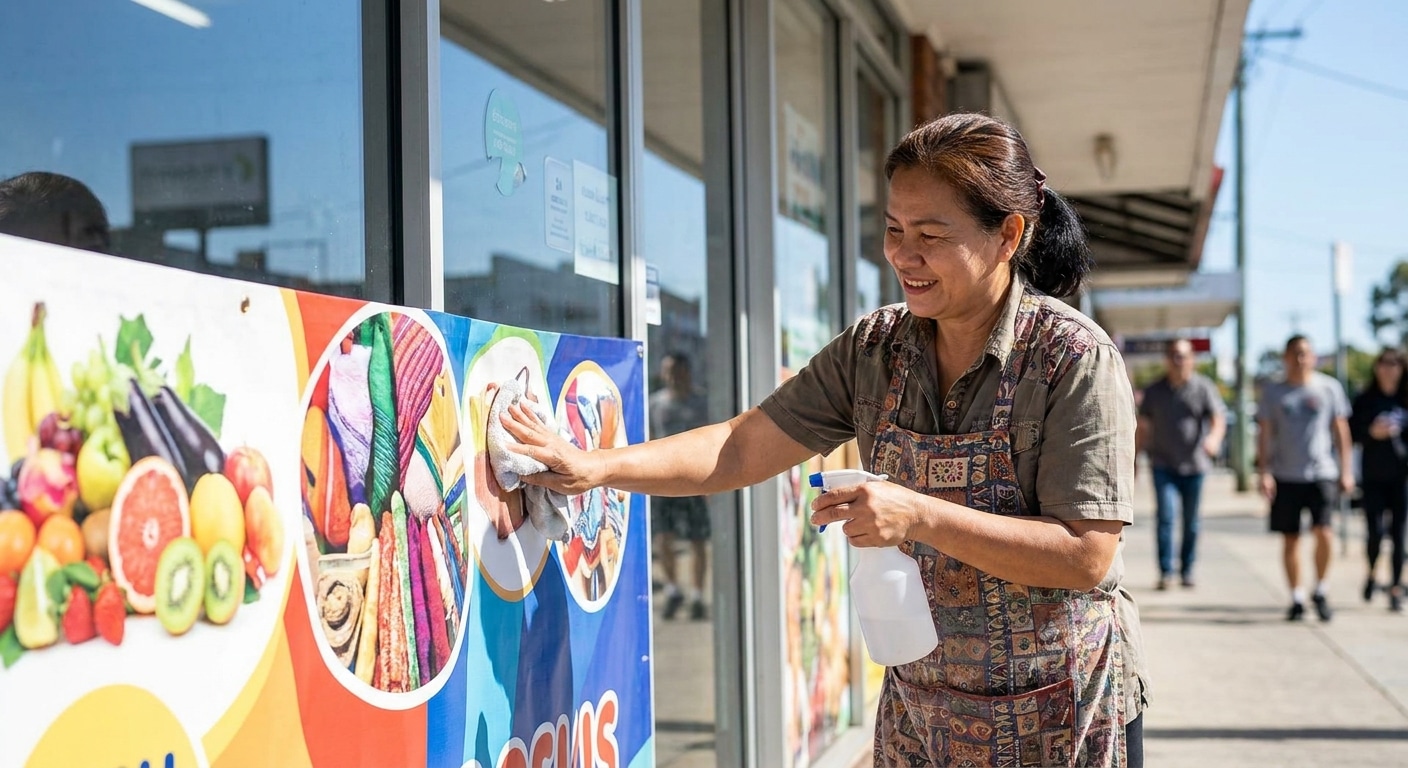 วิธีดูแลป้ายไวนิลและสติ๊กเกอร์ติดหน้าร้านให้สีสด ทนแดด - outdoor-signage-sticker-maintenance