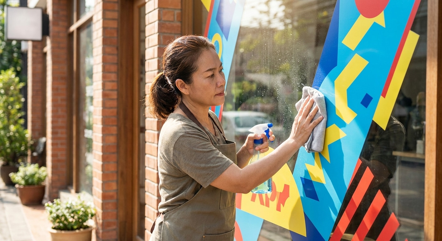 วิธีดูแลป้ายไวนิลและสติ๊กเกอร์หน้าร้านให้สีสด ทนแดดฝน - vinyl-sticker-signage-maintenance-tips