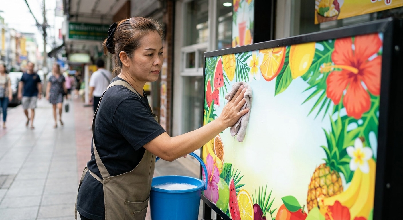 วิธีดูแลป้ายไวนิลหน้าร้านให้สีสด ทนแดดทนฝน ไม่ซีดไว - outdoor-vinyl-banner-maintenance