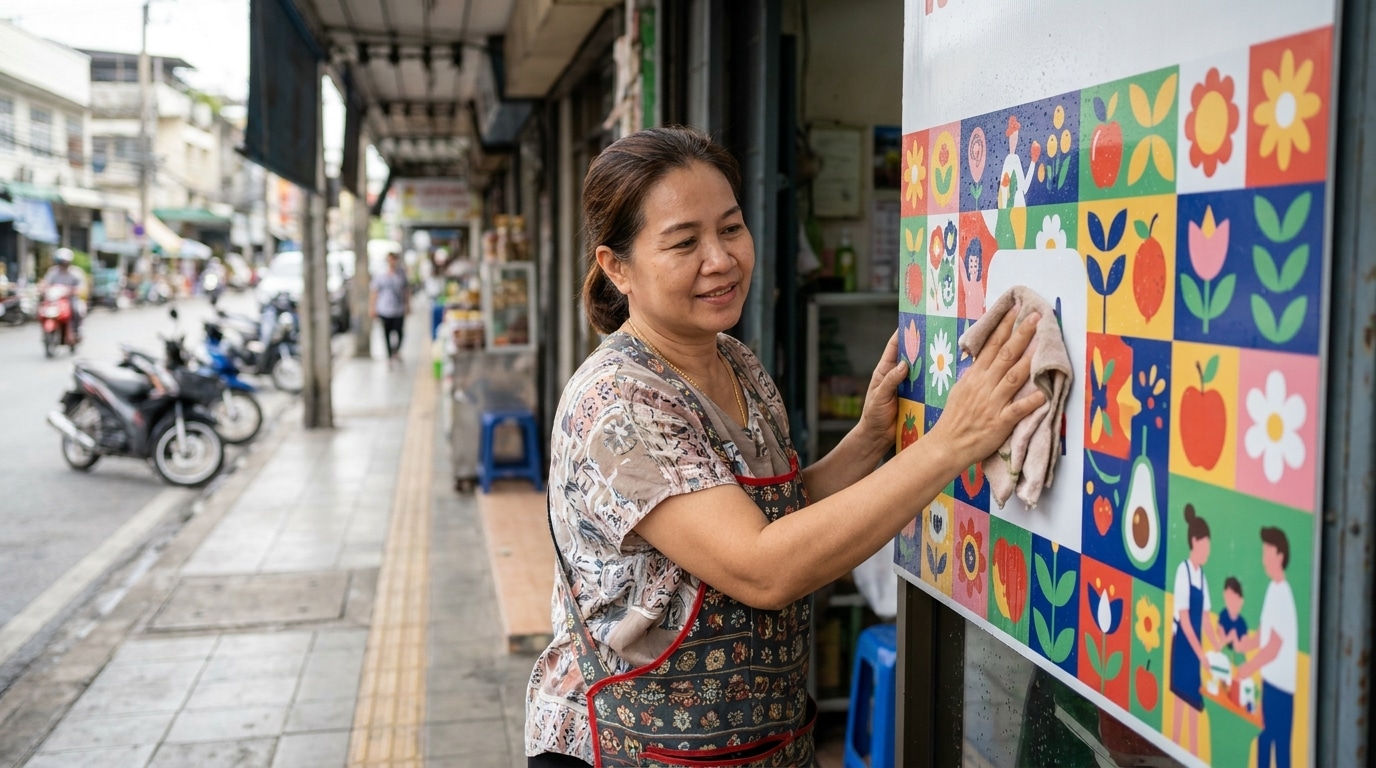 ทริคดูแลป้ายไวนิลหน้าร้าน ให้สีสดทนแดดทนฝน ไม่ซีดไว - outdoor-vinyl-sign-maintenance