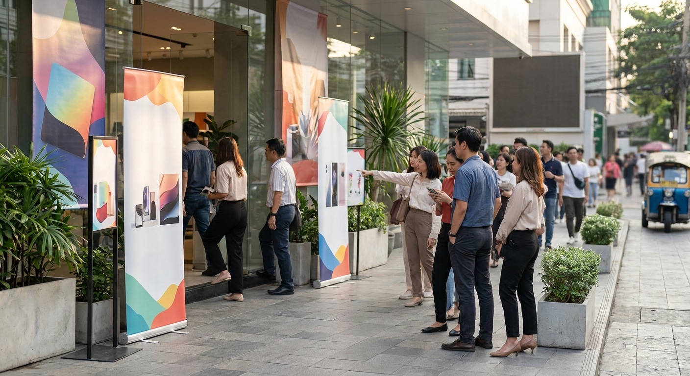 จัดวางป้ายสแตนดี้และโรลอัปหน้าร้านอย่างไรให้ยอดขายพุ่ง - standee-rollup-placement-tips