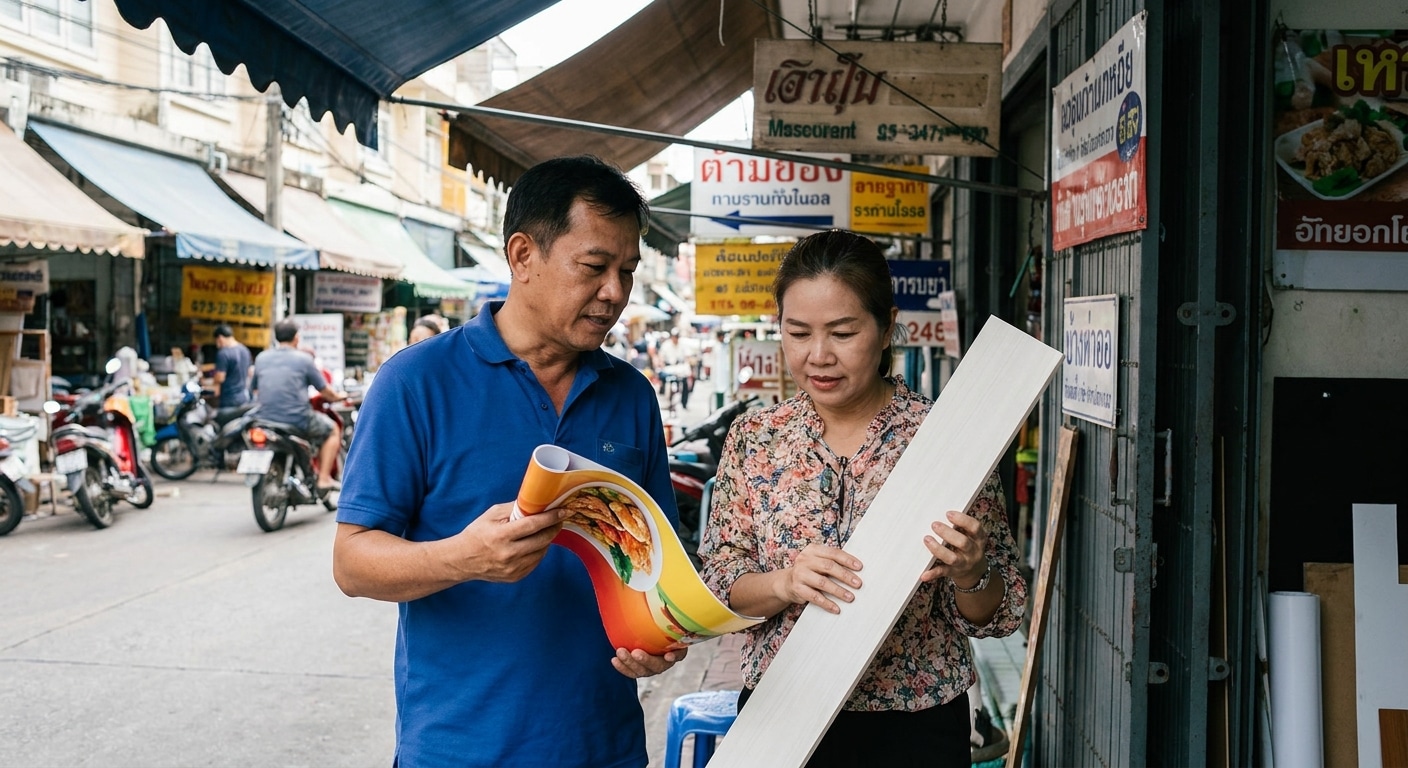 ป้ายไวนิล vs พลาสวูด เลือกวัสดุทำป้ายร้านแบบไหนคุ้มกว่า - storefront-signage-material-guide