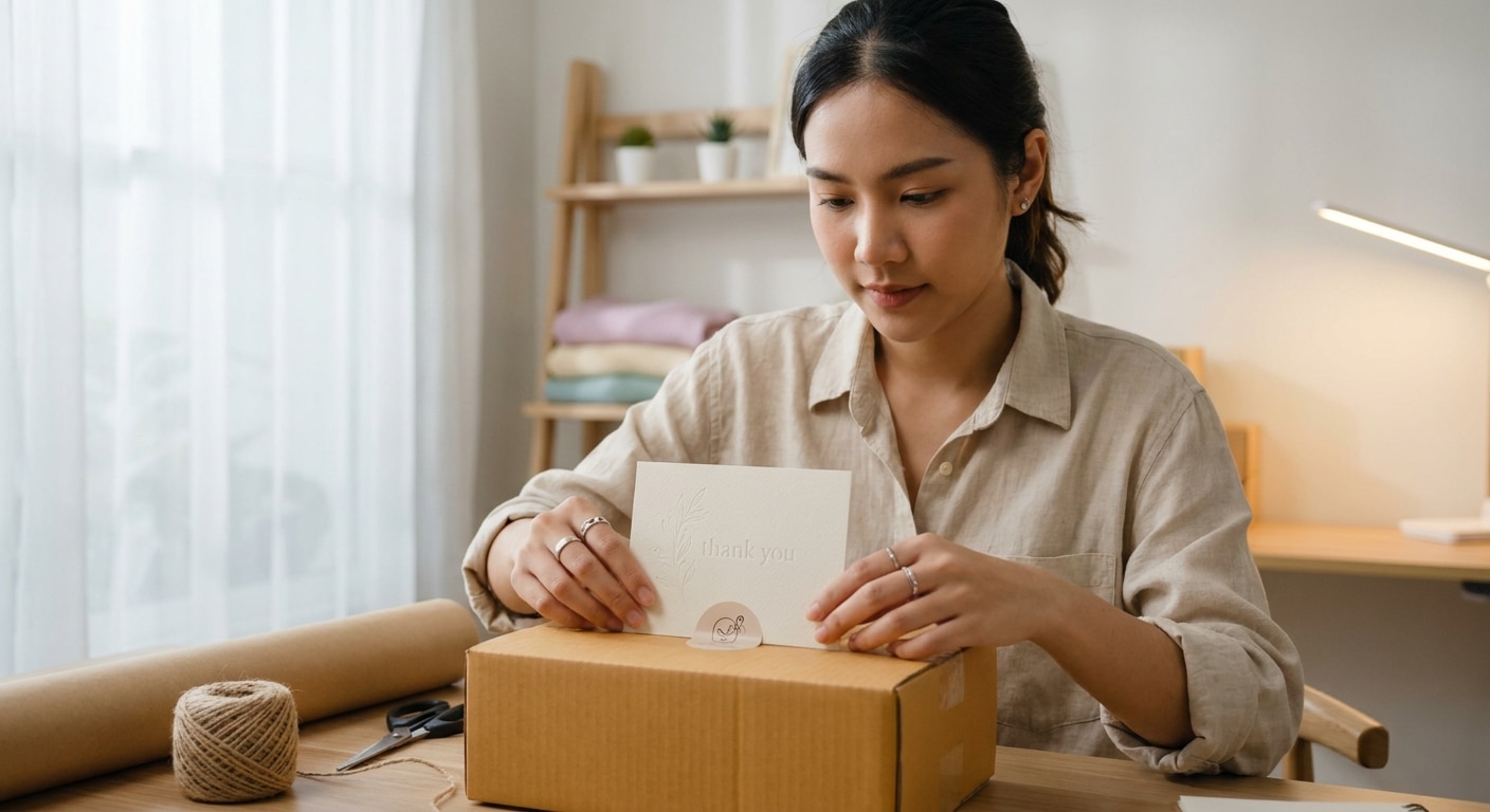 การ์ดขอบคุณและสติ๊กเกอร์ติดกล่อง เคล็ดลับเพิ่มยอดขายซ้ำ - thank-you-card-sticker-marketing