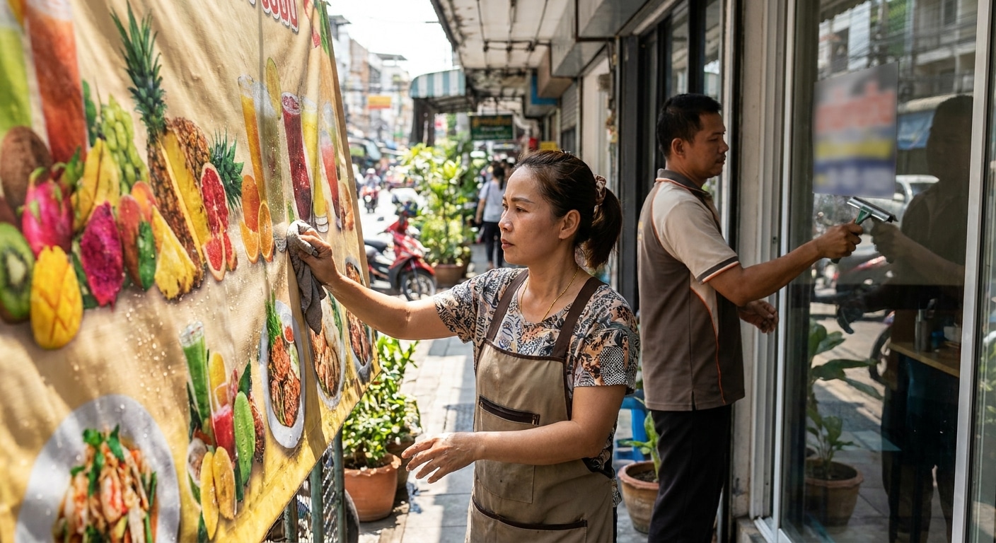 4 วิธีดูแลป้ายไวนิลและสติ๊กเกอร์หน้าร้านให้สีสดทนแดด - outdoor-sign-sticker-maintenance
