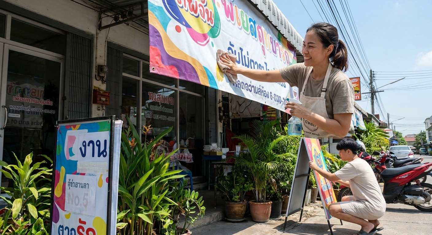 วิธีดูแลป้ายโฆษณาและสติ๊กเกอร์หน้าร้านให้สีสด ทนแดดทนฝน - outdoor-signage-maintenance-tips
