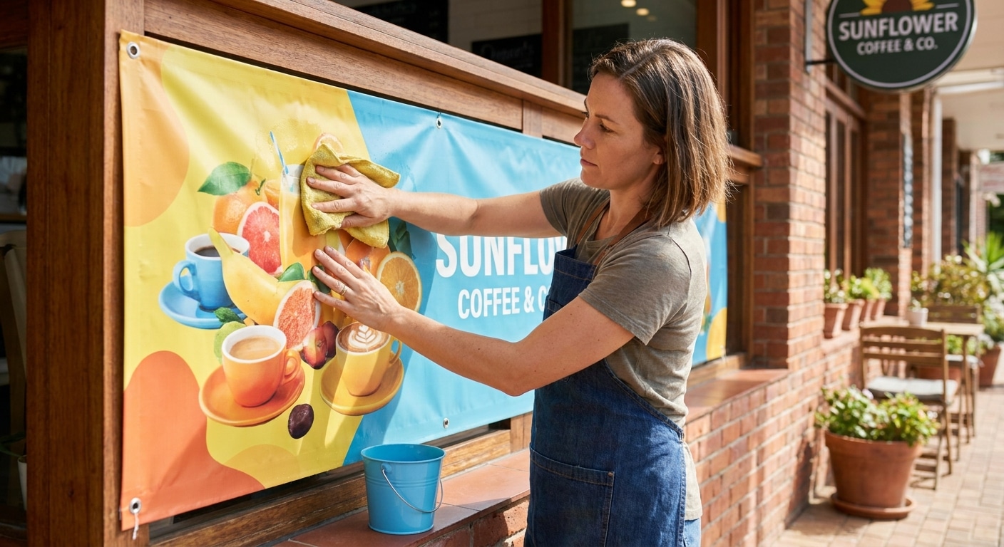วิธีดูแลป้ายโฆษณาและสติ๊กเกอร์หน้าร้านให้สีสดทนแดด - outdoor-signage-sticker-maintenance