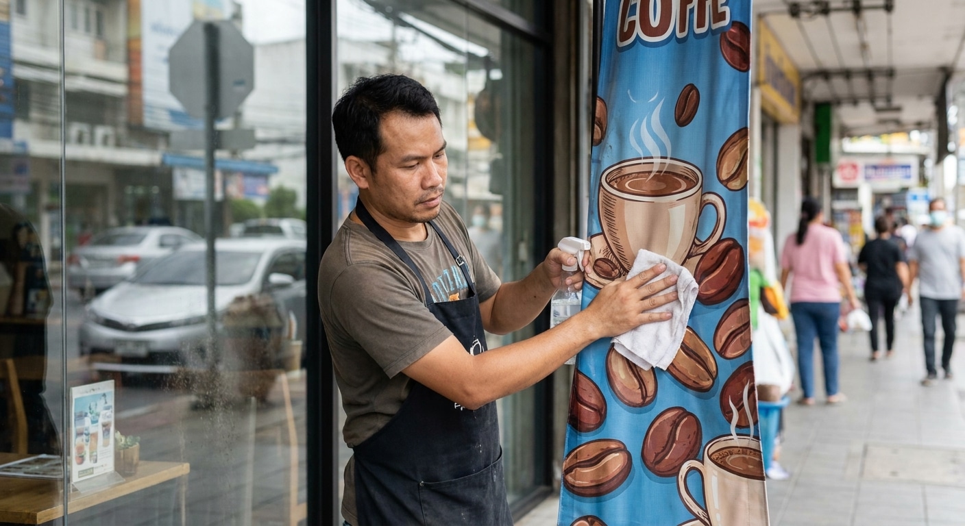 วิธีดูแลป้ายไวนิลและสติ๊กเกอร์หน้าร้านให้สีสดทนแดด - outdoor-signage-sticker-maintenance